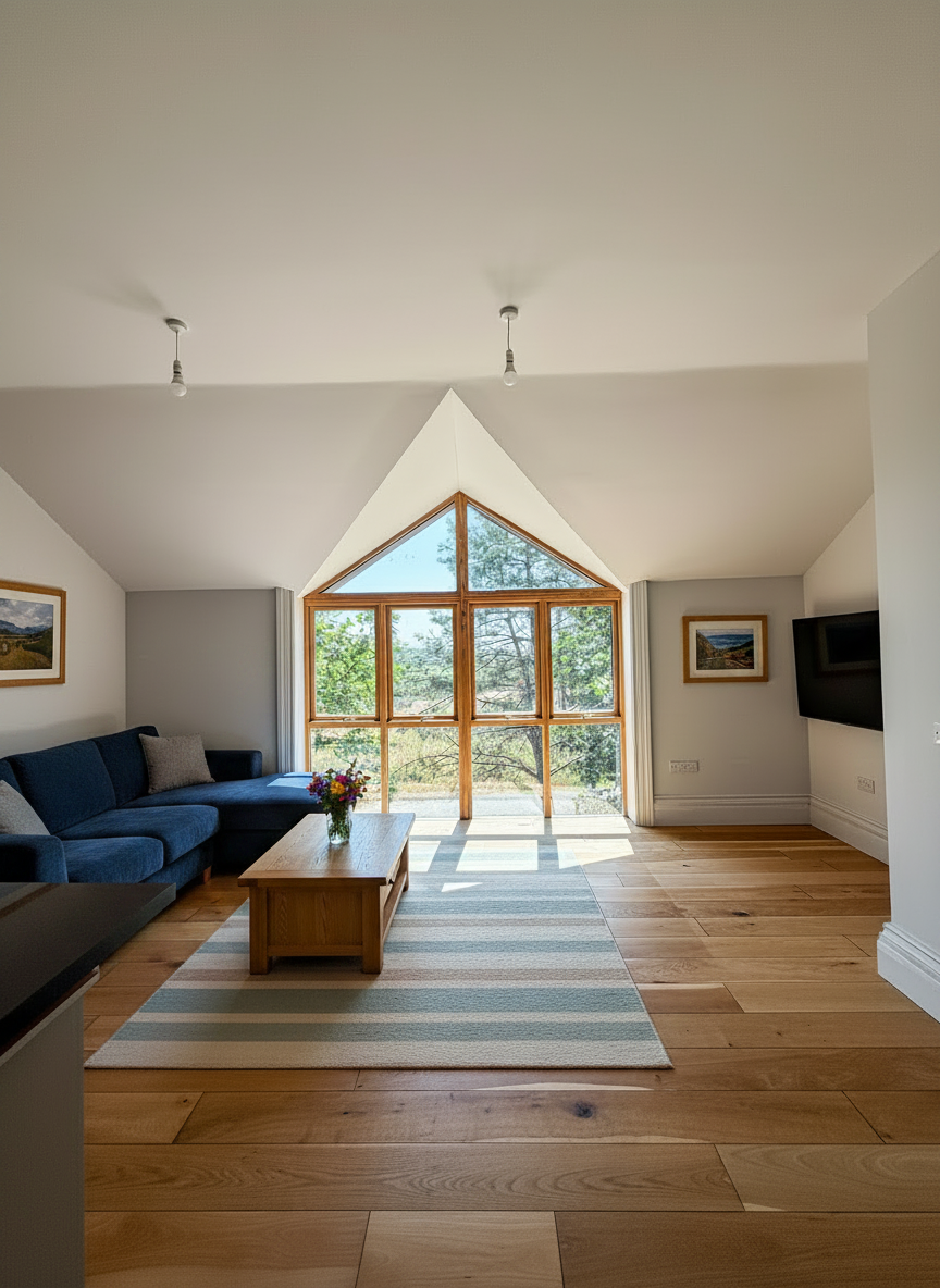 Bright living room with skylights