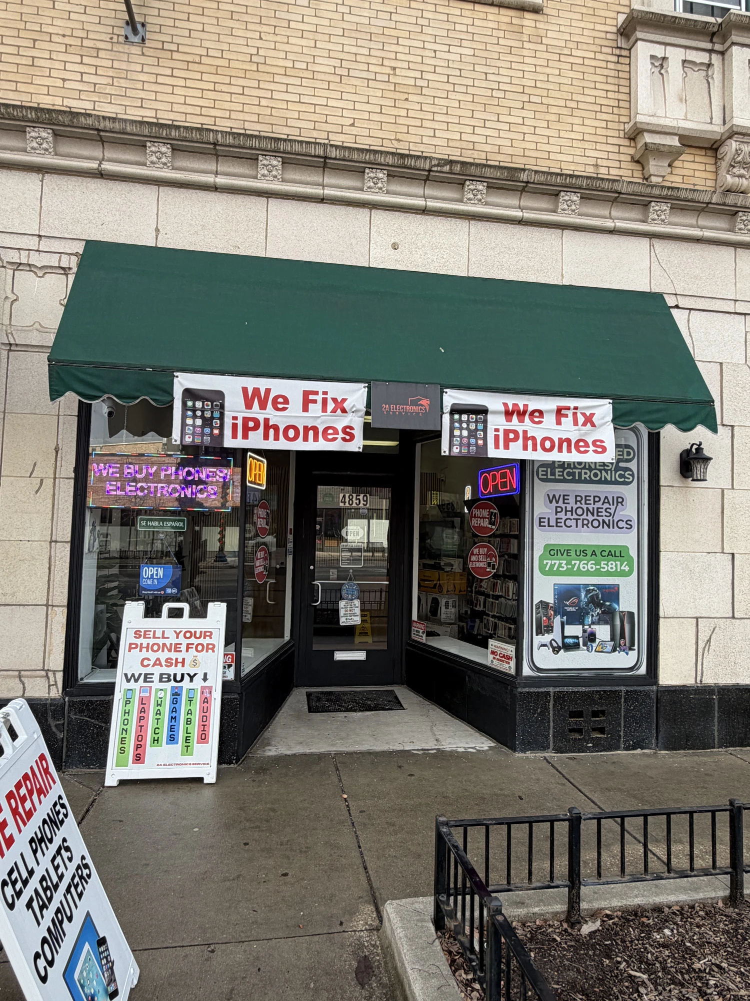 2A Electronics phone repair shop front in the Irving Park neighborhood of Chicago