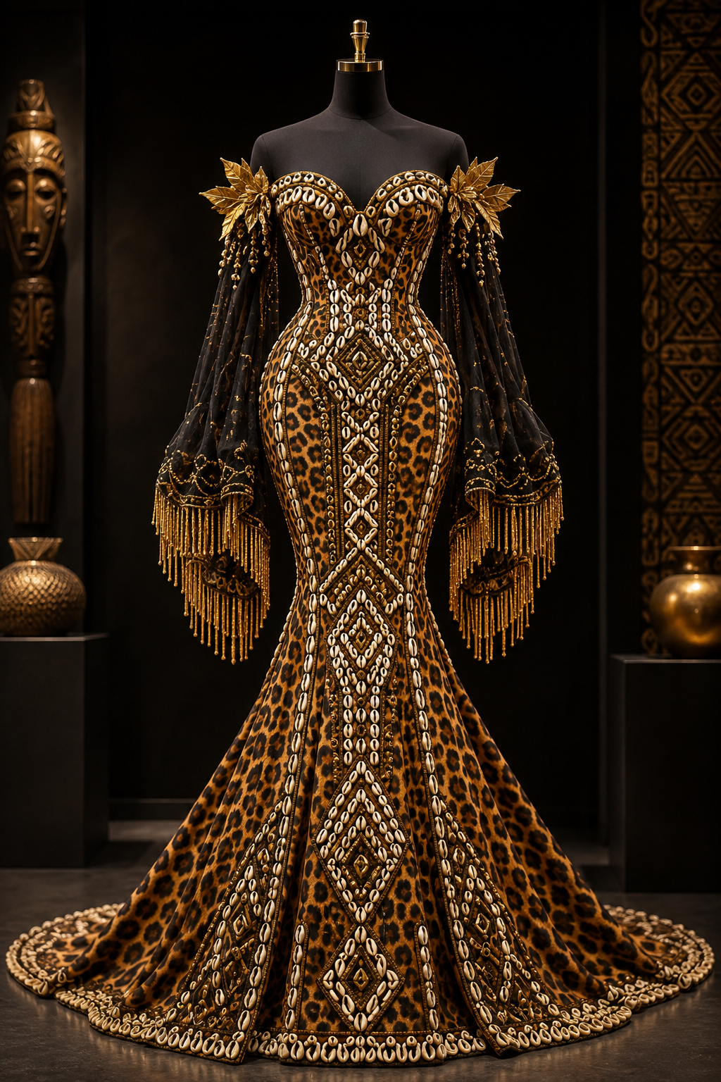 Cowrie shells over leopard, with gold fringe