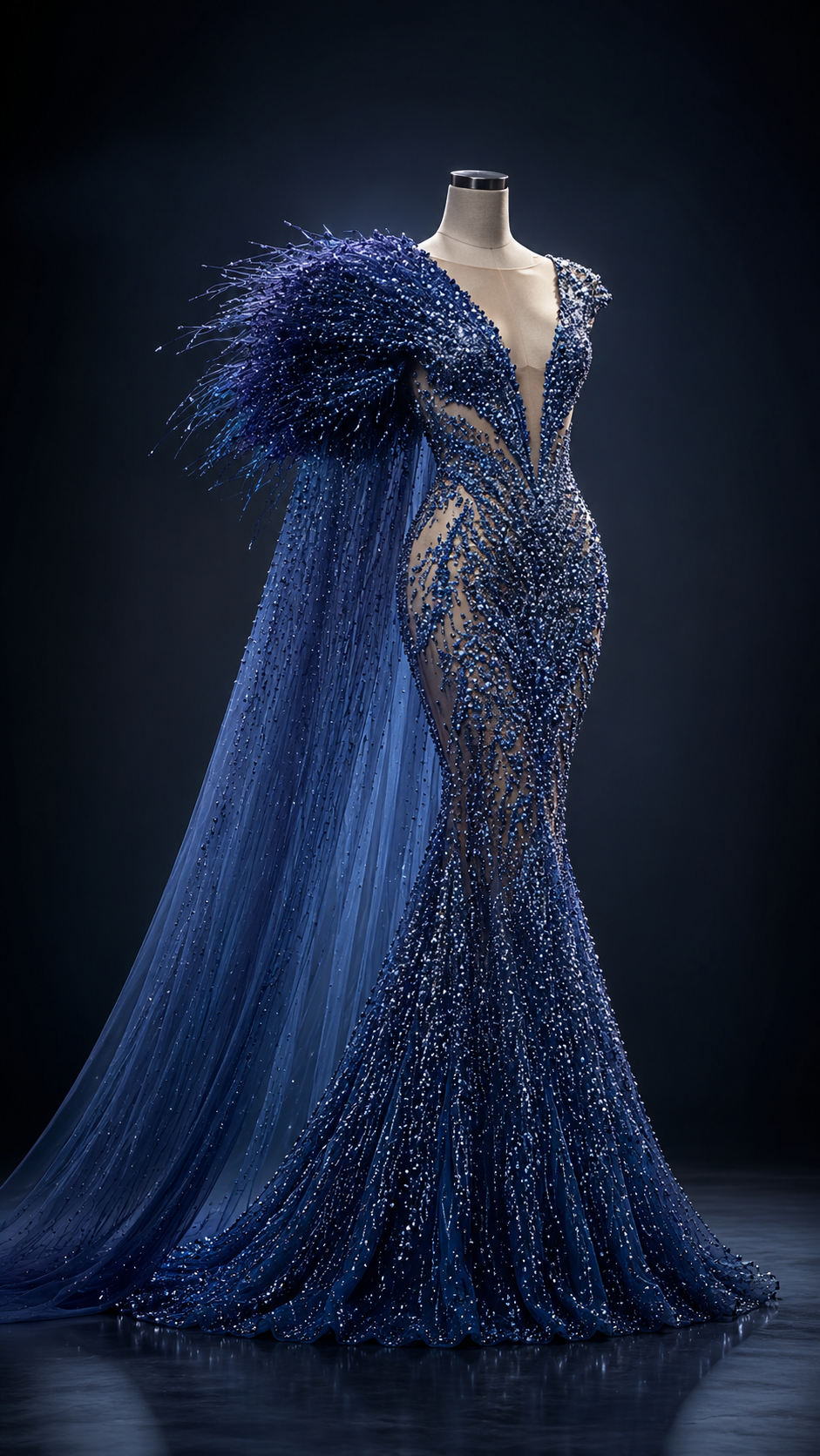 A feathered shoulder, and a cape that follows