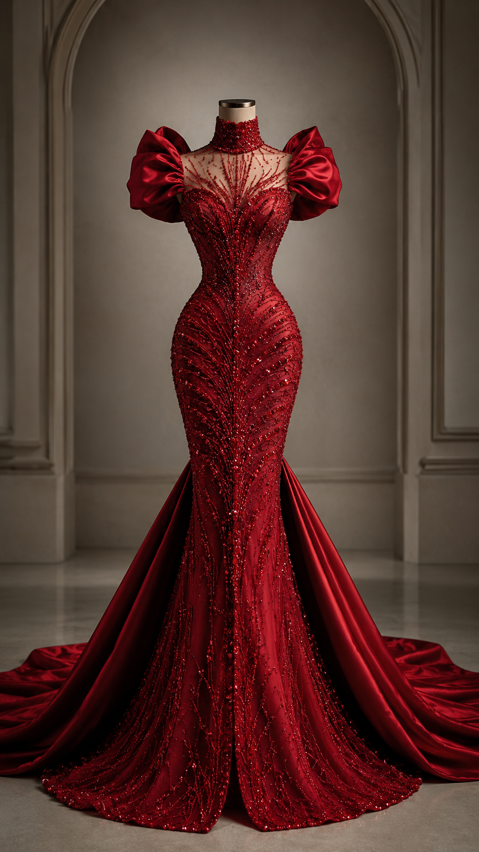 Beaded feather motif, in crimson
