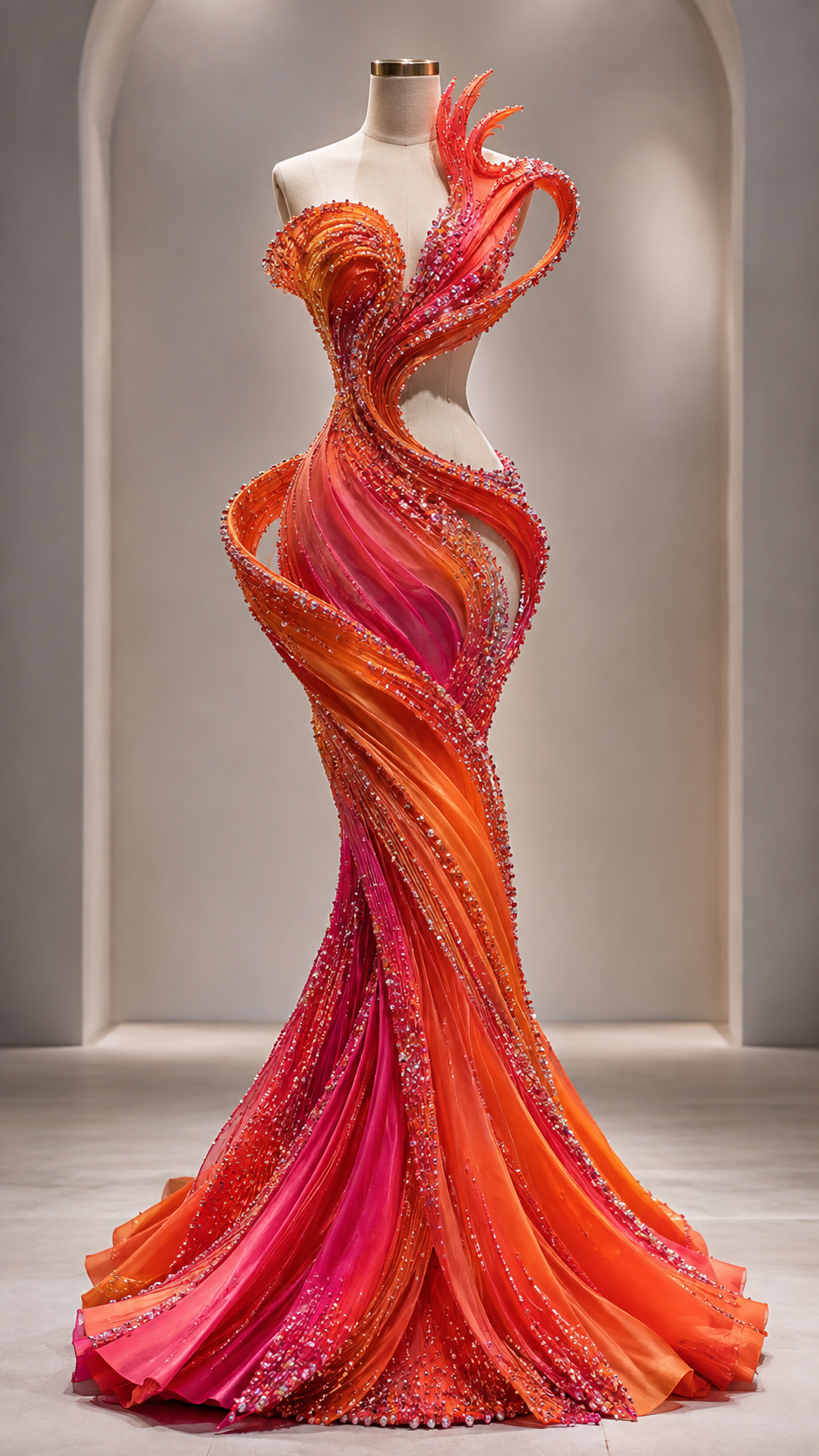 Sculpted coral, twisting to the hem