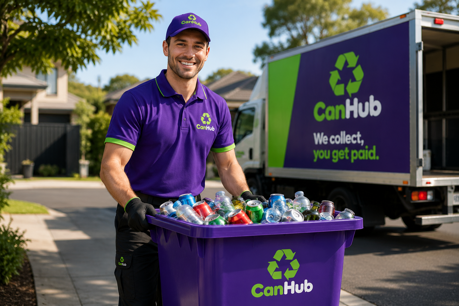 CanHub home collect — collector with a bin of empties, cans and bottles