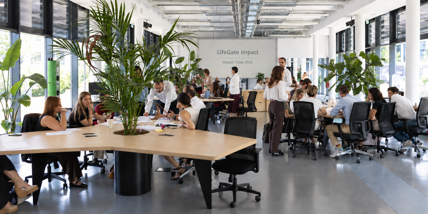 Impact Table 2026 — spazio di co-progettazione di LifeGate Impact con team e clienti al lavoro.