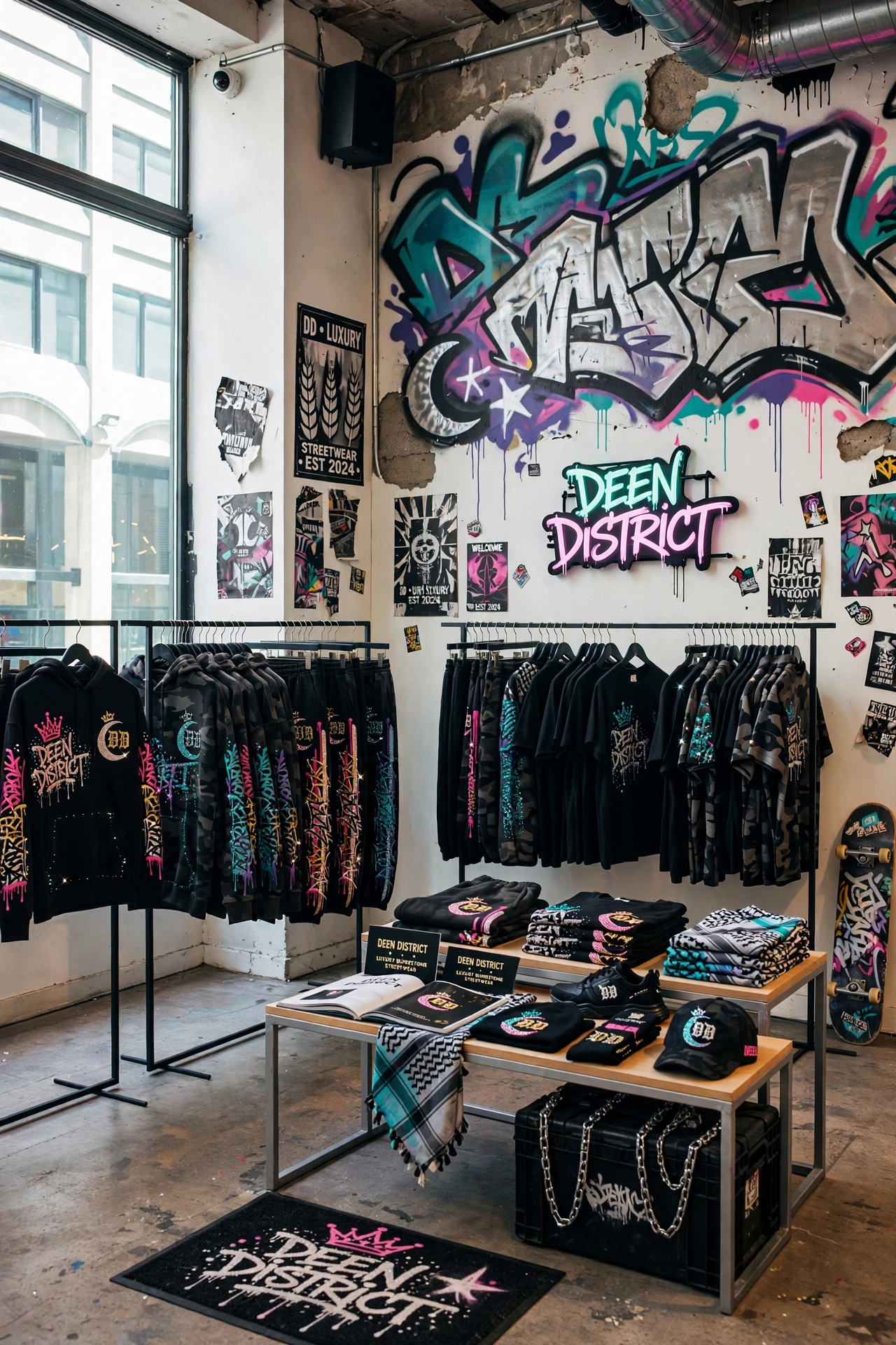 Deen District in-store display with graffiti wall and neon sign