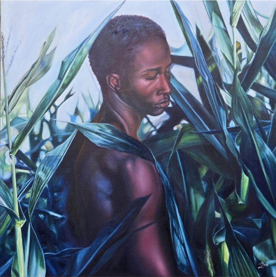 Love Quetee painting of a child surrounded by blue-green leaves