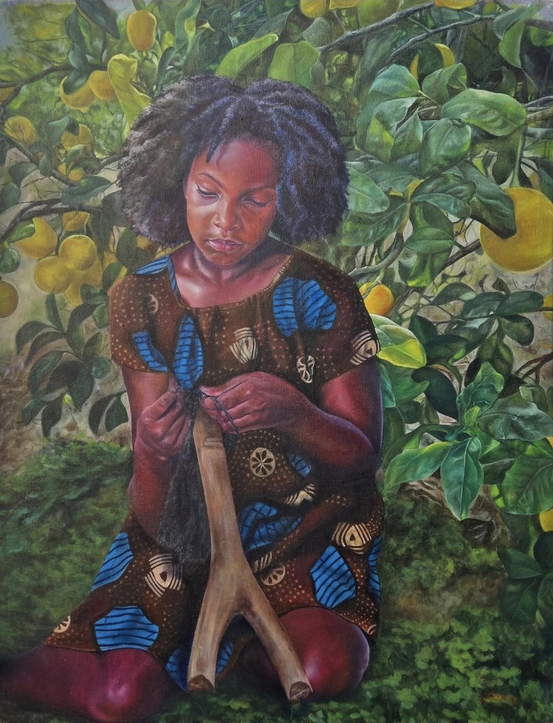 Love Quetee oil painting of a young figure seated among citrus trees and fruit
