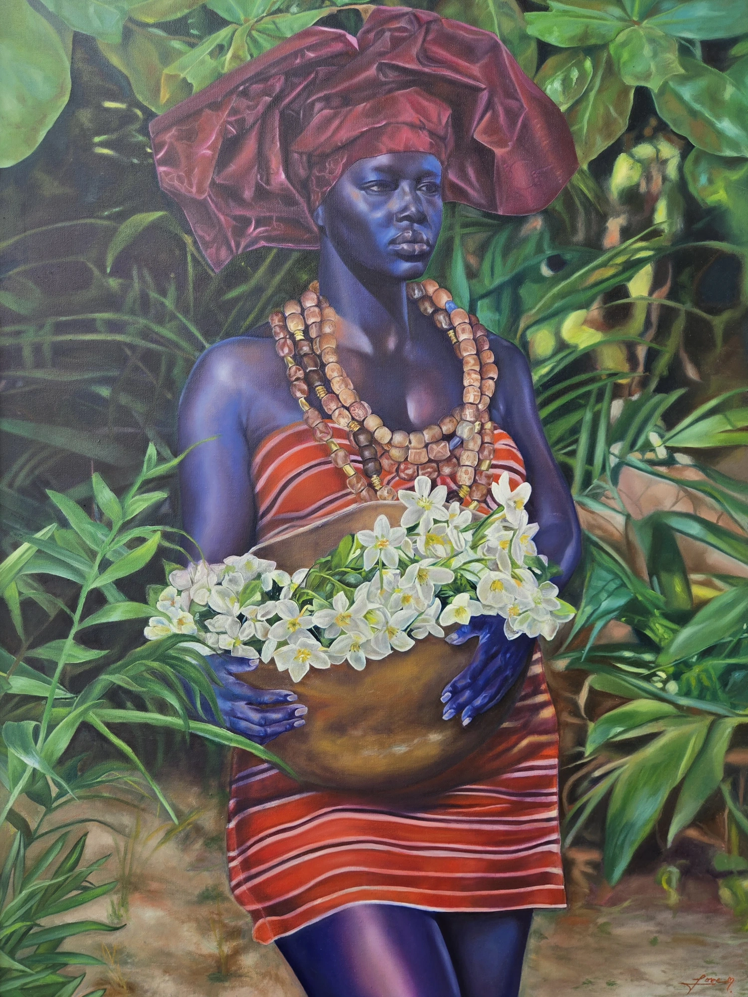 Love Quetee oil painting of a woman in a red headwrap holding white flowers in a lush garden