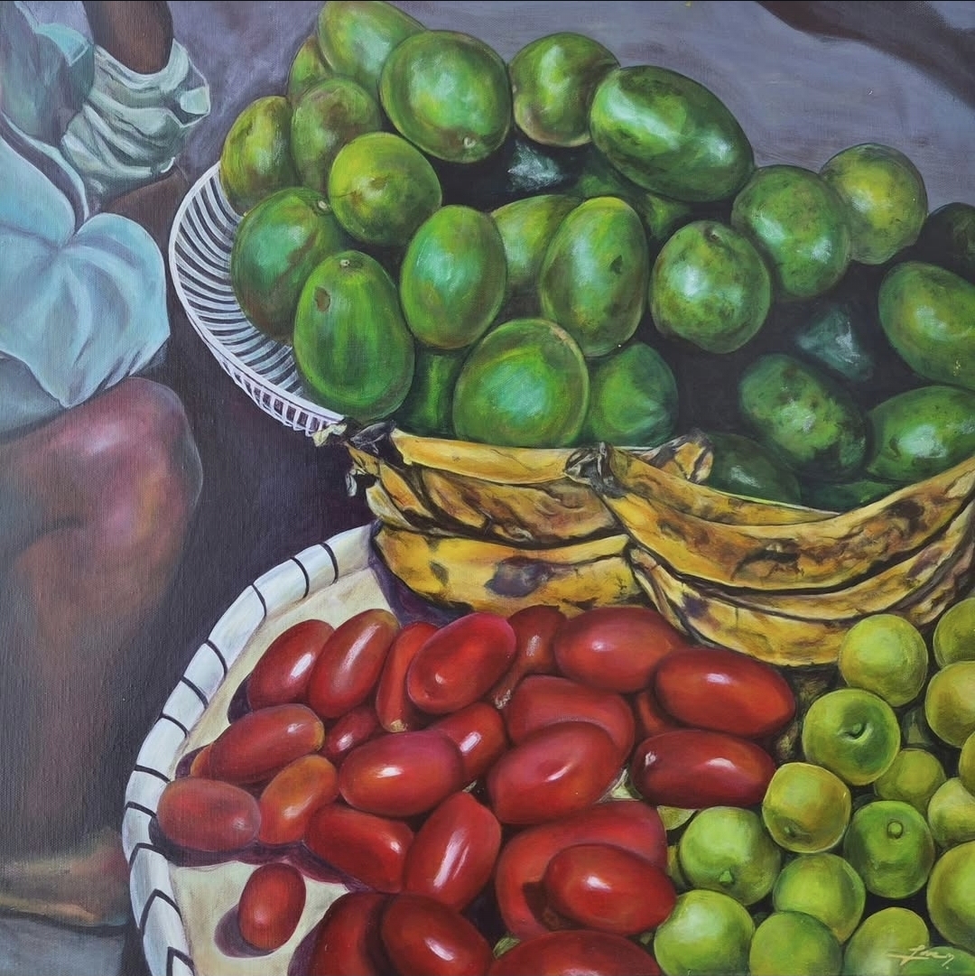 Love Quetee acrylic painting of baskets filled with avocados, bananas, tomatoes, and limes
