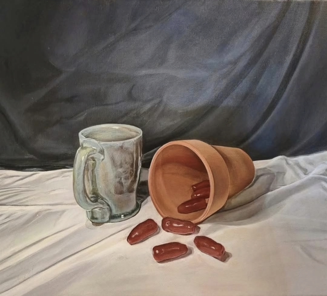 Love Quetee still life painting of blue glass bottles, citrus fruit, and folded white cloth