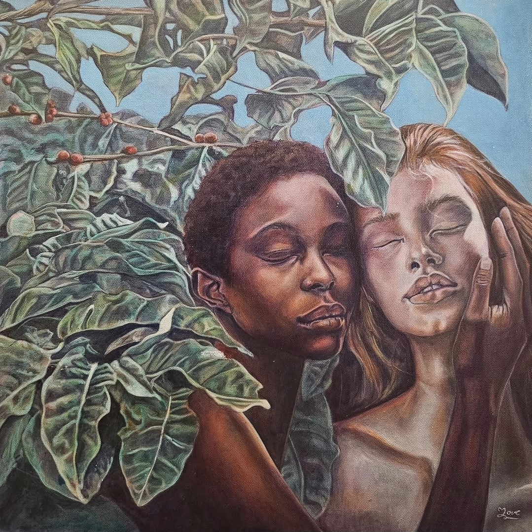 Love Quetee acrylic painting of two figures embraced among green leaves and berries