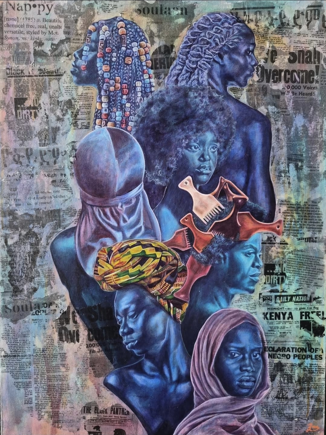 Love Quetee acrylic painting of multiple blue and violet Black portraits layered over newspaper clippings