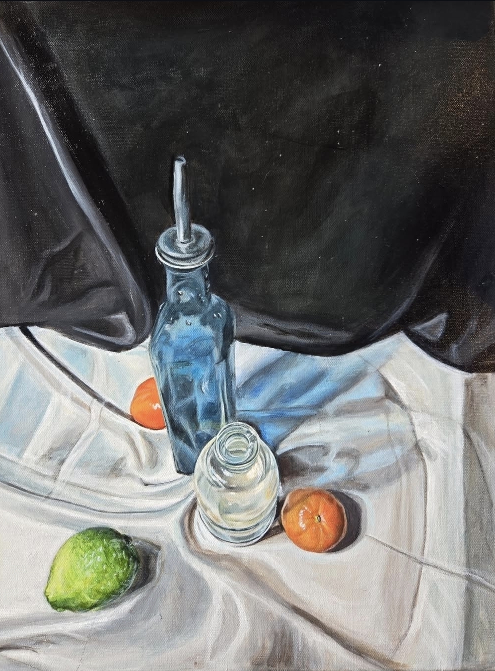Love Quetee still life painting of a glass, a terracotta vessel, and red objects on white cloth