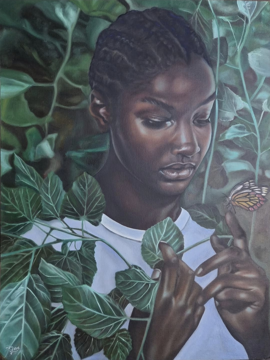 Love Quetee oil painting of a figure holding a butterfly among leaves