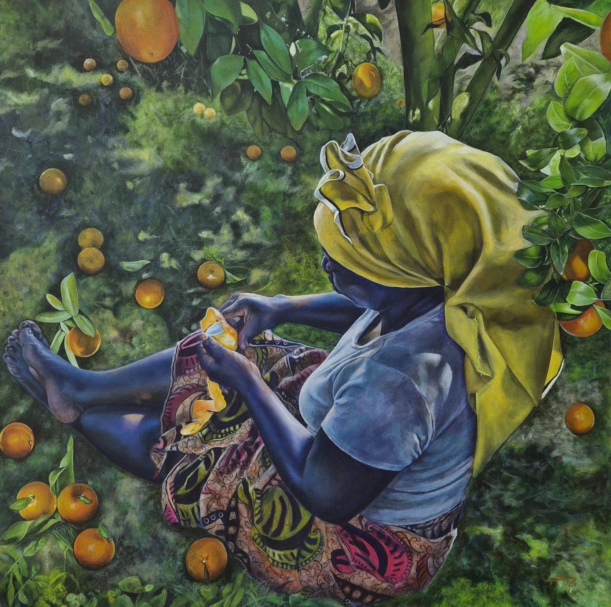 Love Quetee painting of a seated figure peeling an orange among lush green foliage