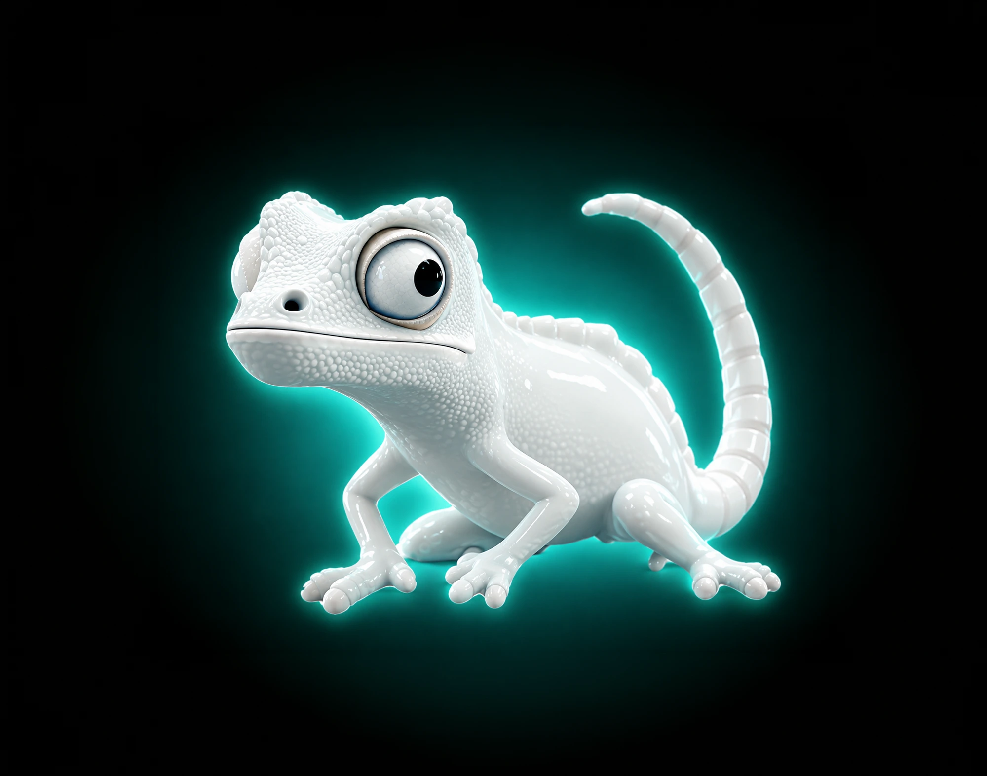 Language Attitude Institute cover, a glossy white chameleon figurine glowing in teal on black