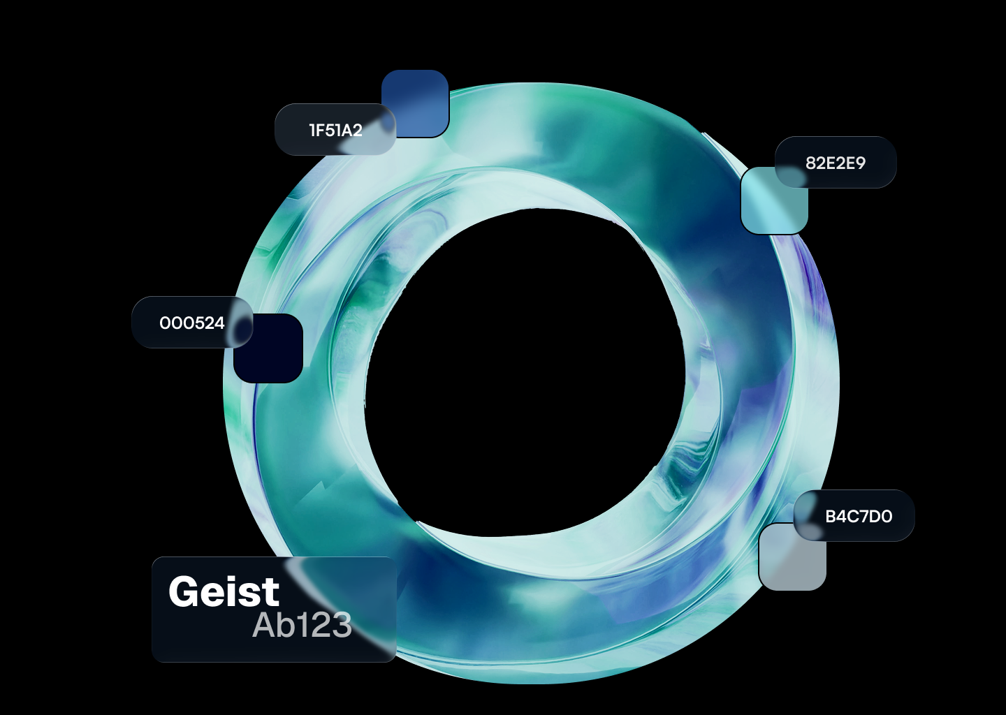 Aurevon colour and typography system, a glassy blue-green torus on black annotated with hex values and the Geist typeface