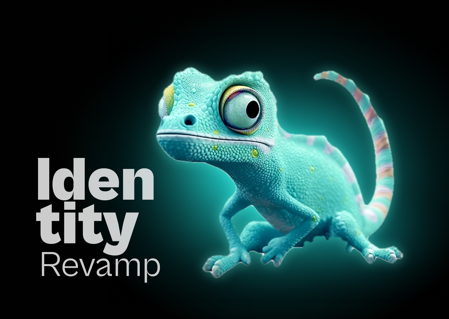 Language Attitude Institute identity hero, a teal chameleon beside the words Identity Revamp on black