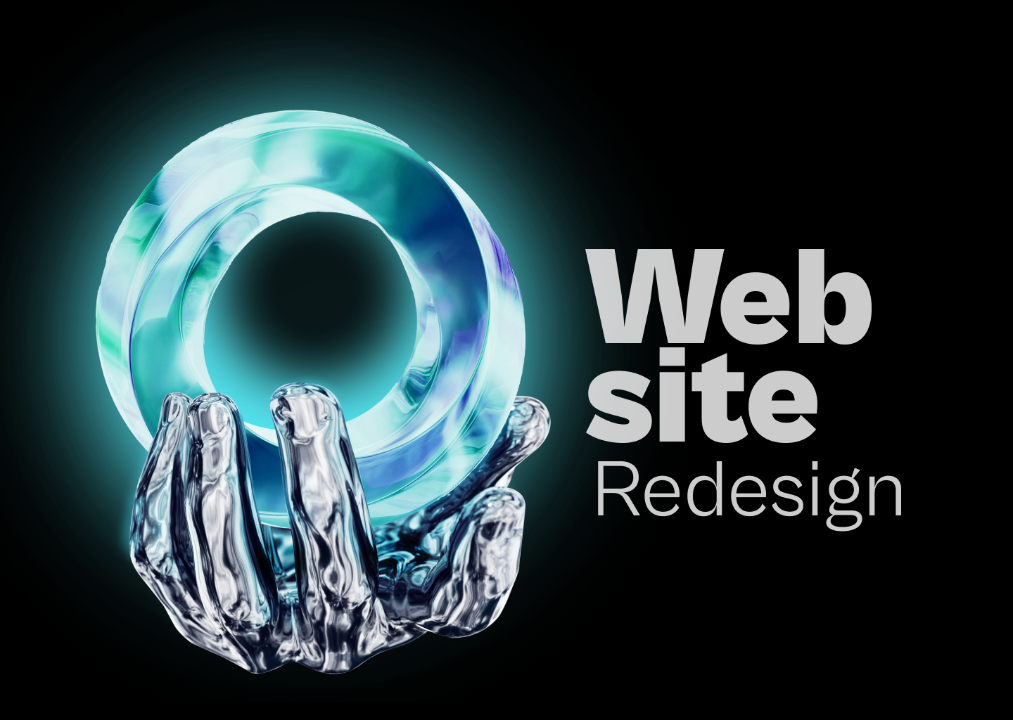 Aurevon website redesign title visual, a glassy blue-green torus held in a crystalline hand beside the words Website Redesign