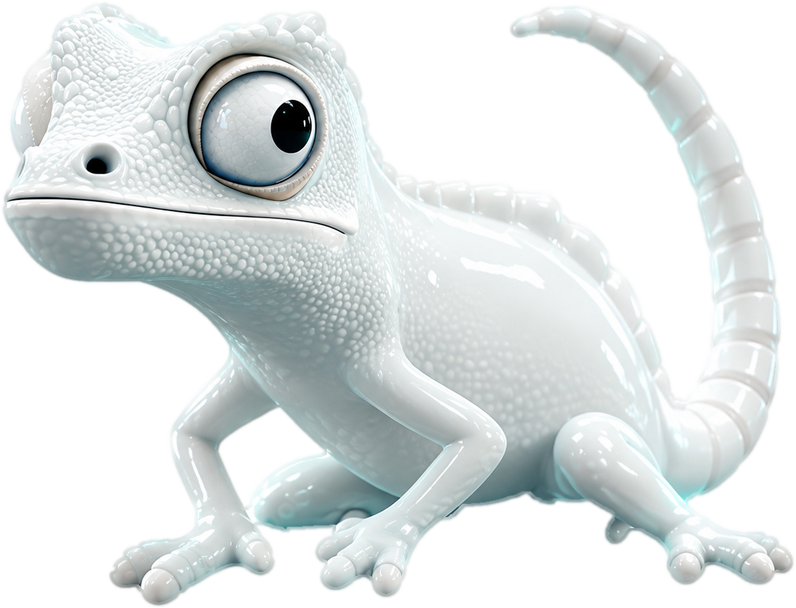 Glossy white chameleon, the Language Attitude Institute brand mascot, glowing on black