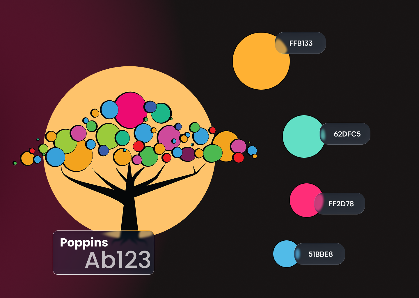 Language Attitude Institute brand system, the colourful tree logo with the Poppins typeface and a palette of amber, teal, pink and blue swatches