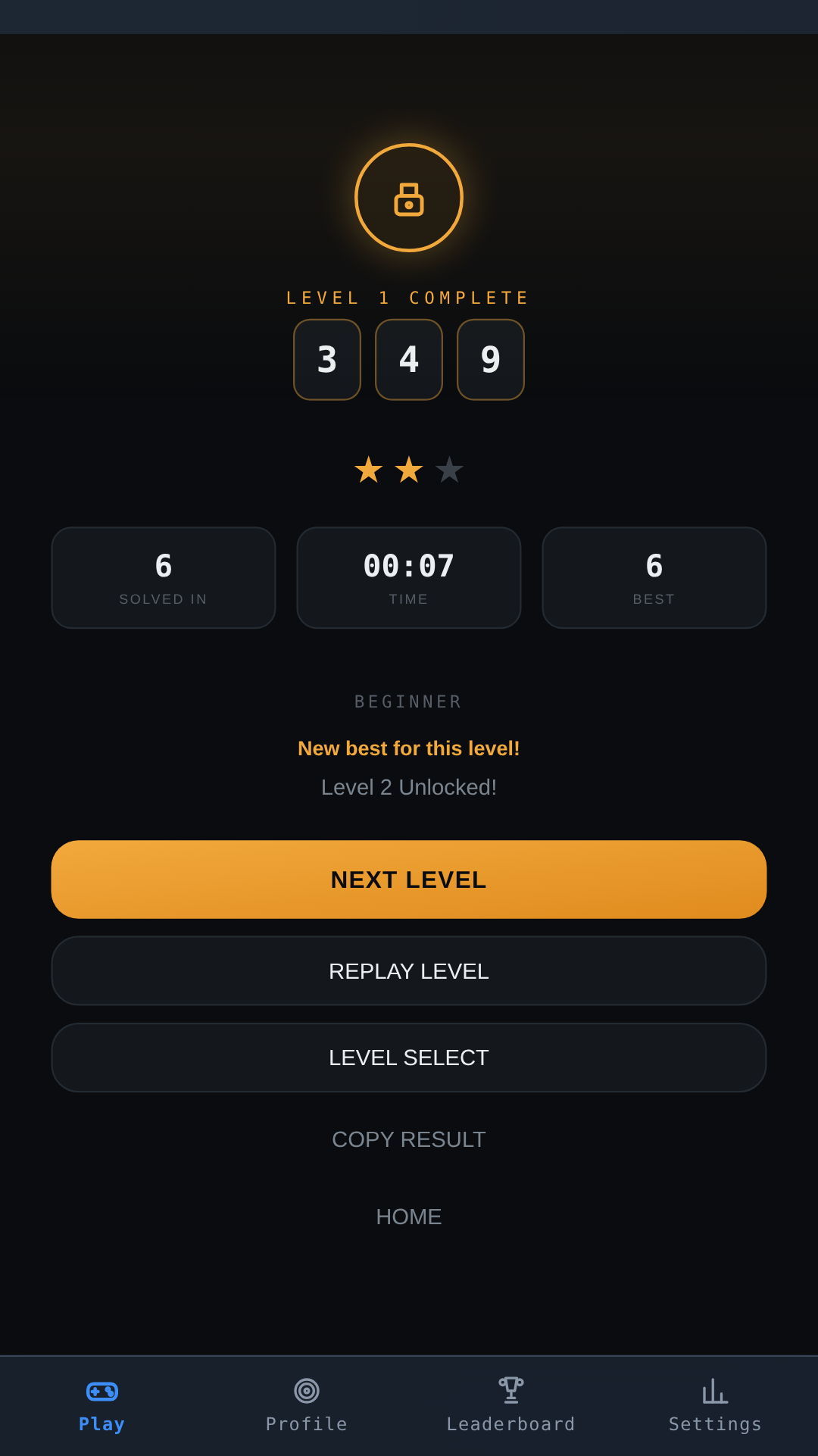 Level complete · stars, time, best score