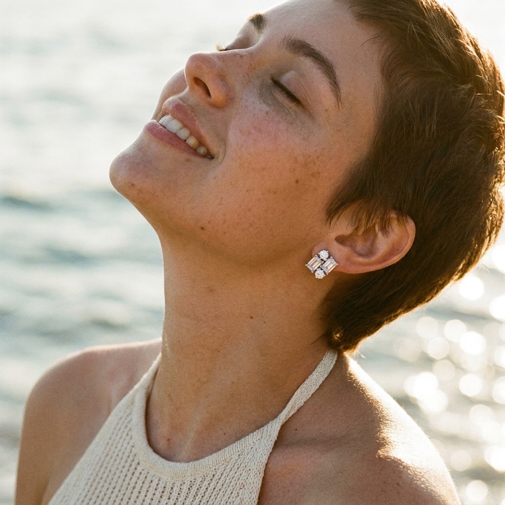 A woman wearing HERLEVÉ diamond earrings, living visibly by the sea
