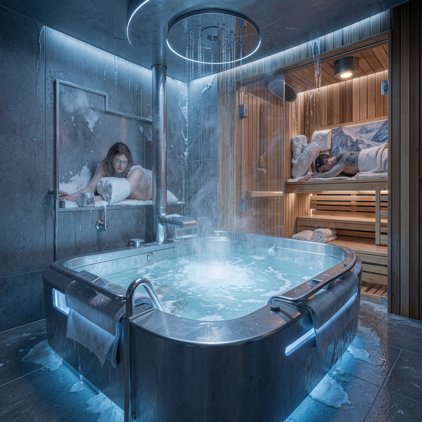 Ice-cold plunge tub in a contrast therapy suite — controlled cold exposure