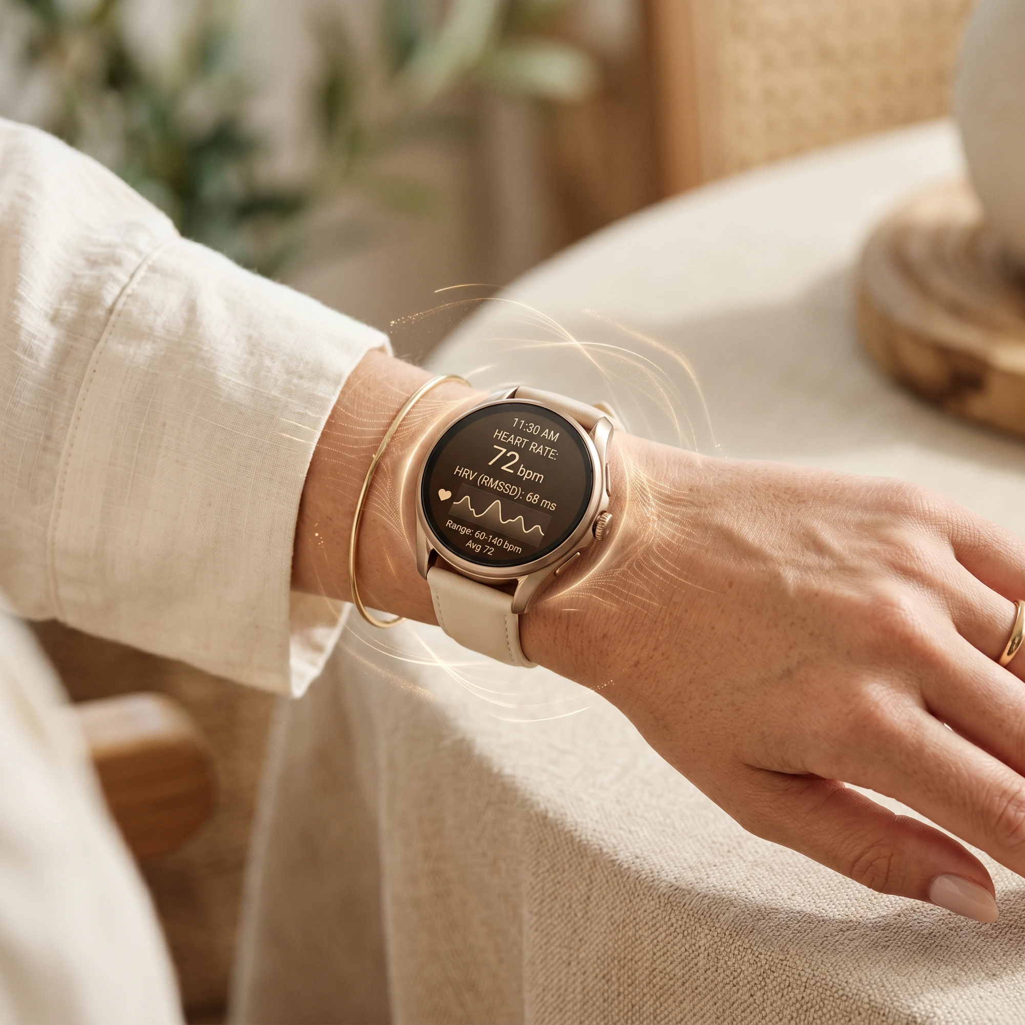 Smartwatch displaying heart rate and HRV for continuous at-home health tracking