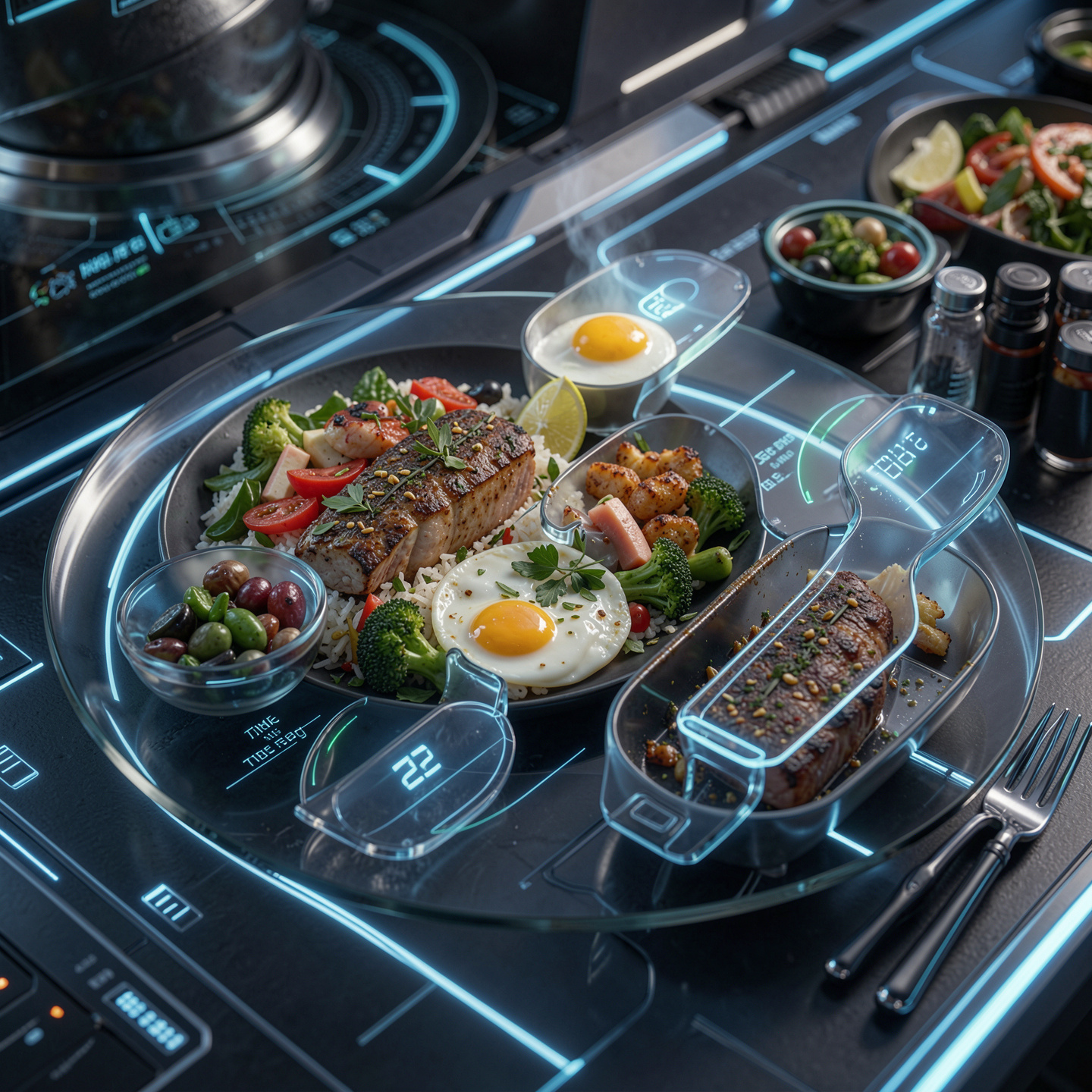 Precision meal timing — a balanced plate on a smart eating-window display