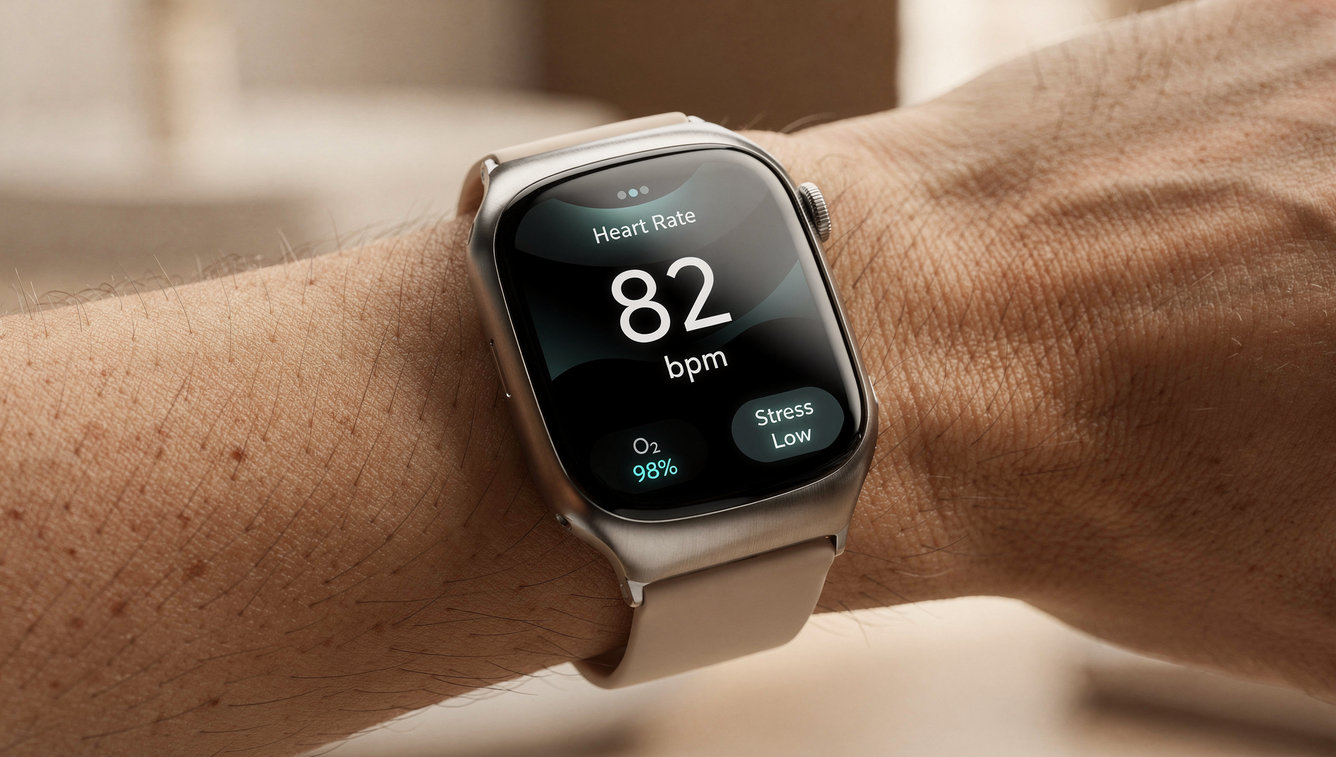 Smartwatch showing heart rate, oxygen and low stress — the daily readout of autonomic balance