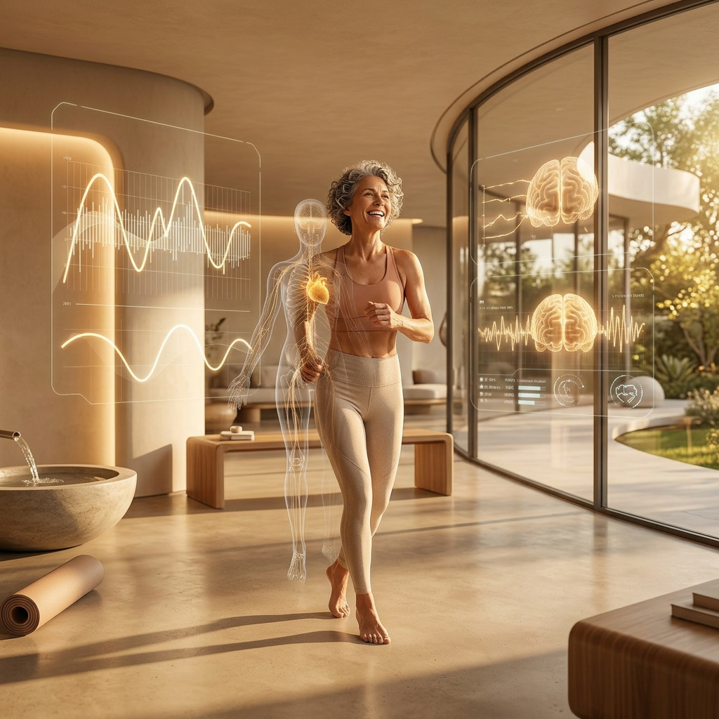 Vital, active aging — healthspan in motion with real-time physiology overlays