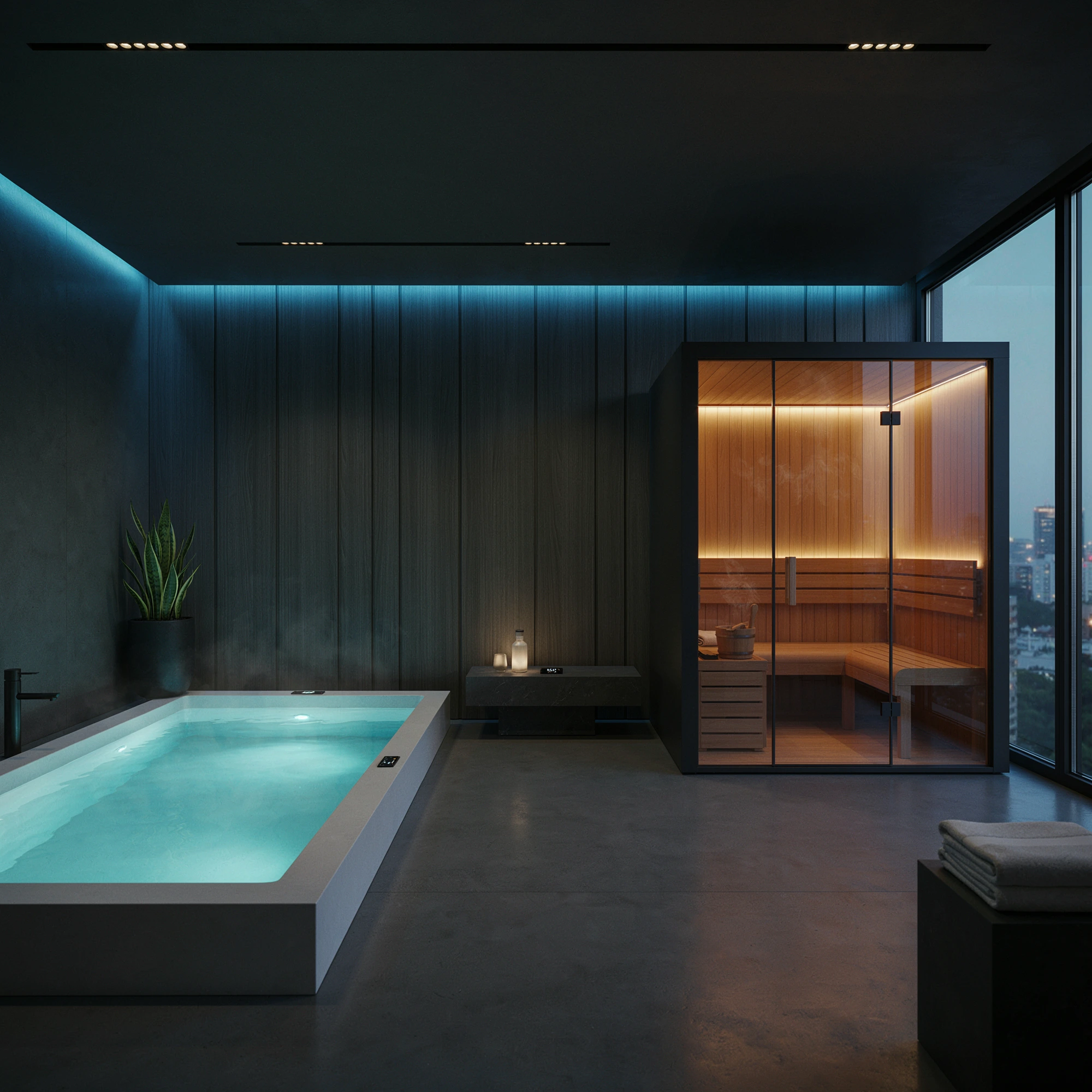 Warm-lit Finnish sauna beside a cool plunge pool — heat exposure as passive cardio