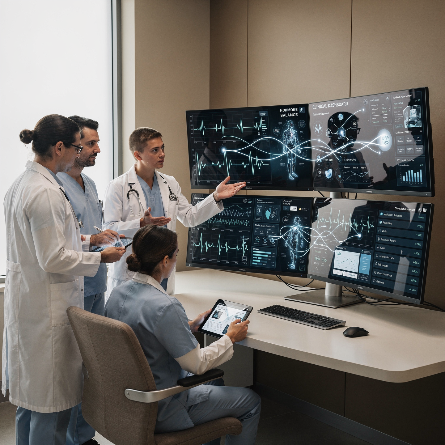 Clinical team reviewing hormone balance dashboards — physician-supervised optimization