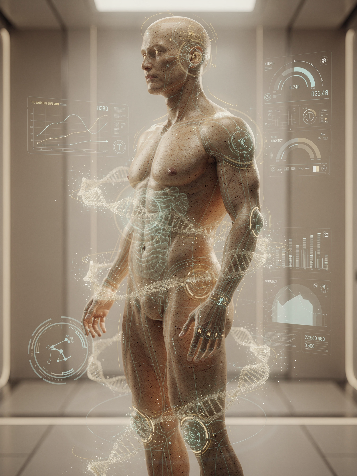 DNA helix wrapping the body with biometric readouts — genetics guiding medication response