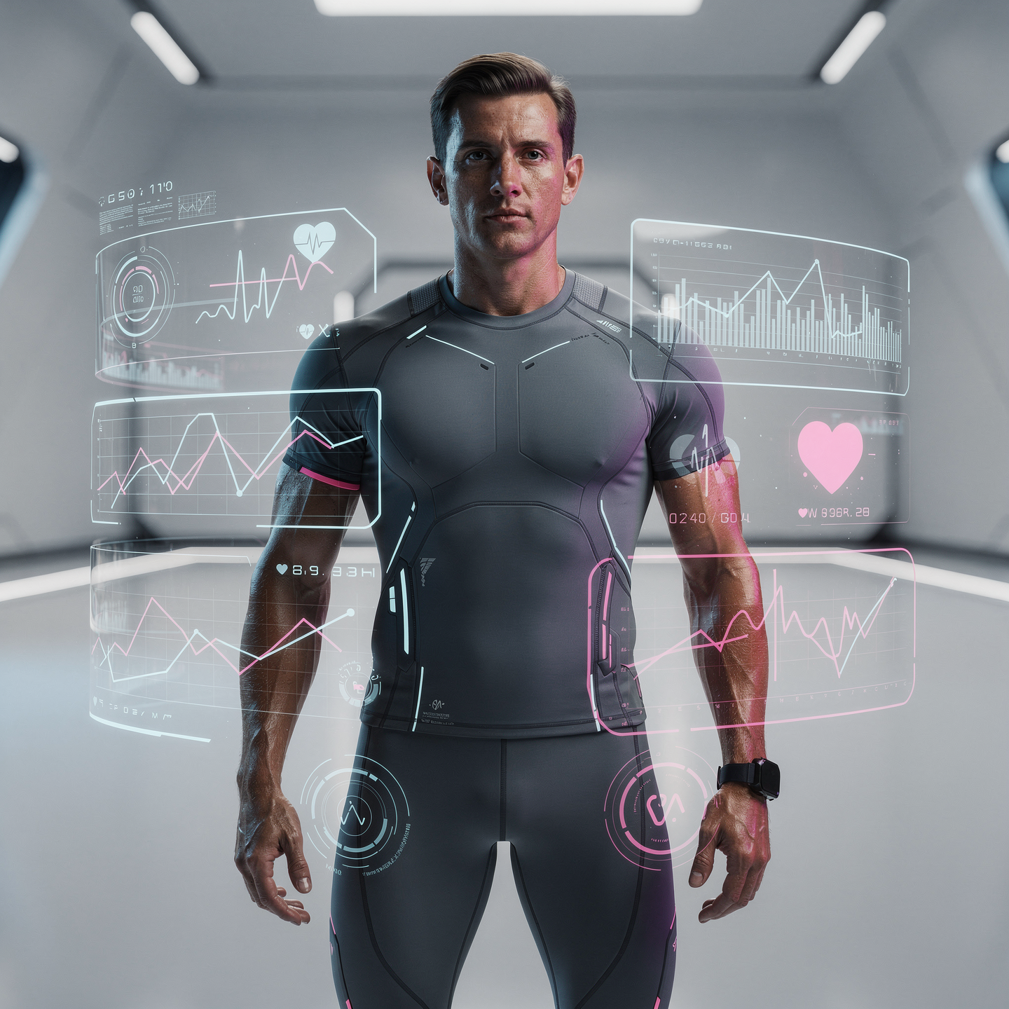 Athlete surrounded by cardiovascular and performance telemetry for VO2 optimization