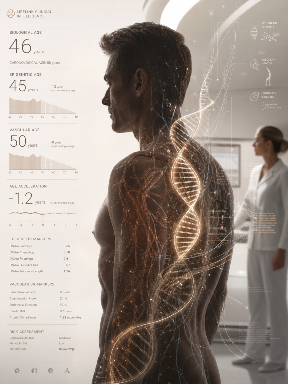 Biological age 46 vs chronological 58 — clinical age-intelligence dashboard with epigenetic and vascular markers