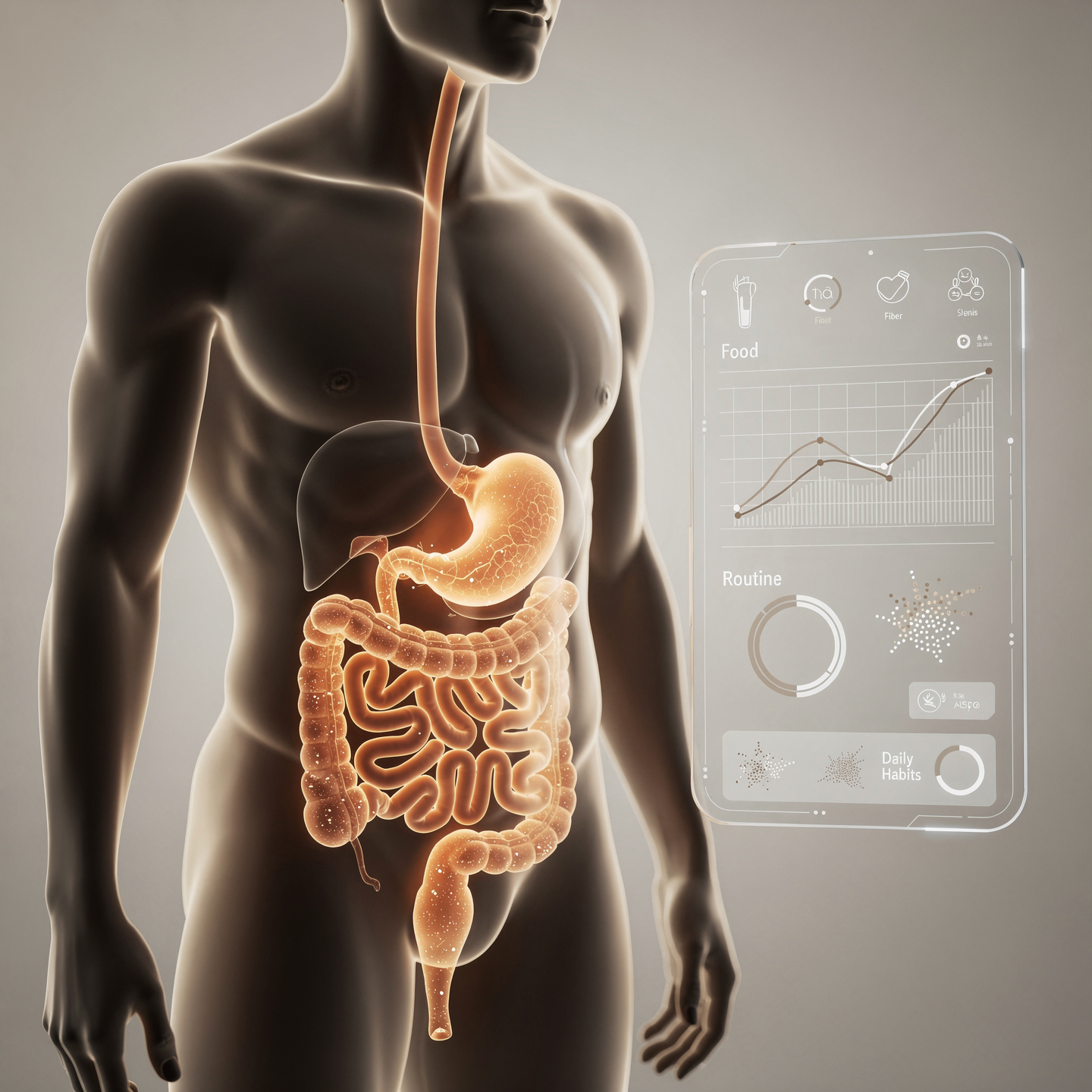 Digestive system visualized with food and daily-habit tracking — gut health made measurable