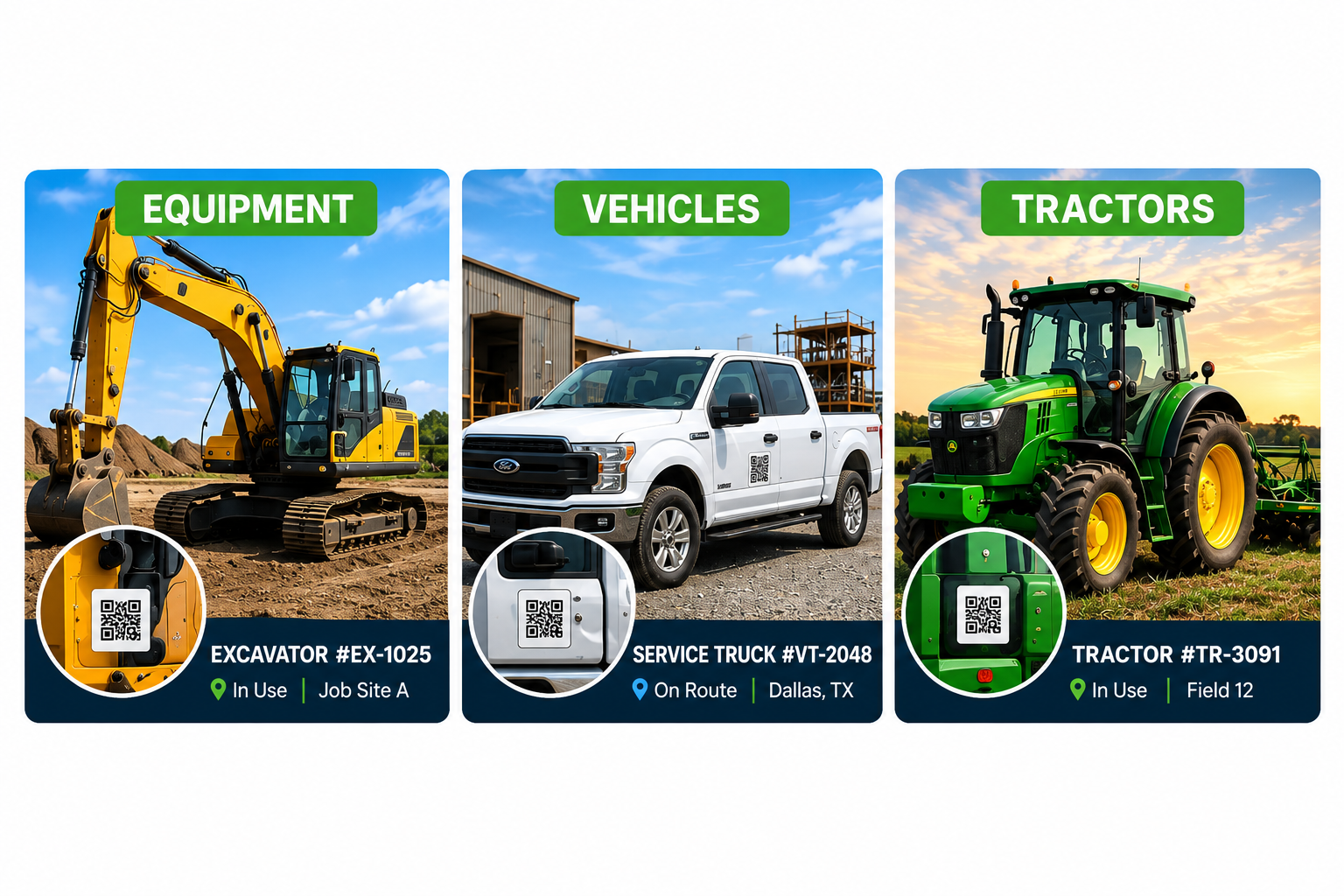 Orbit inventory examples: equipment, vehicles and tractors with QR labels