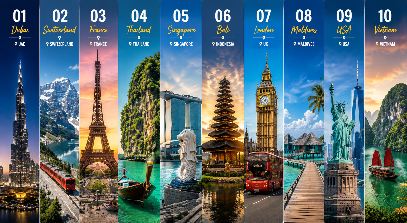 Top ten destinations: Dubai, Switzerland, France, Thailand, Singapore, Bali, London, Maldives, USA and Vietnam