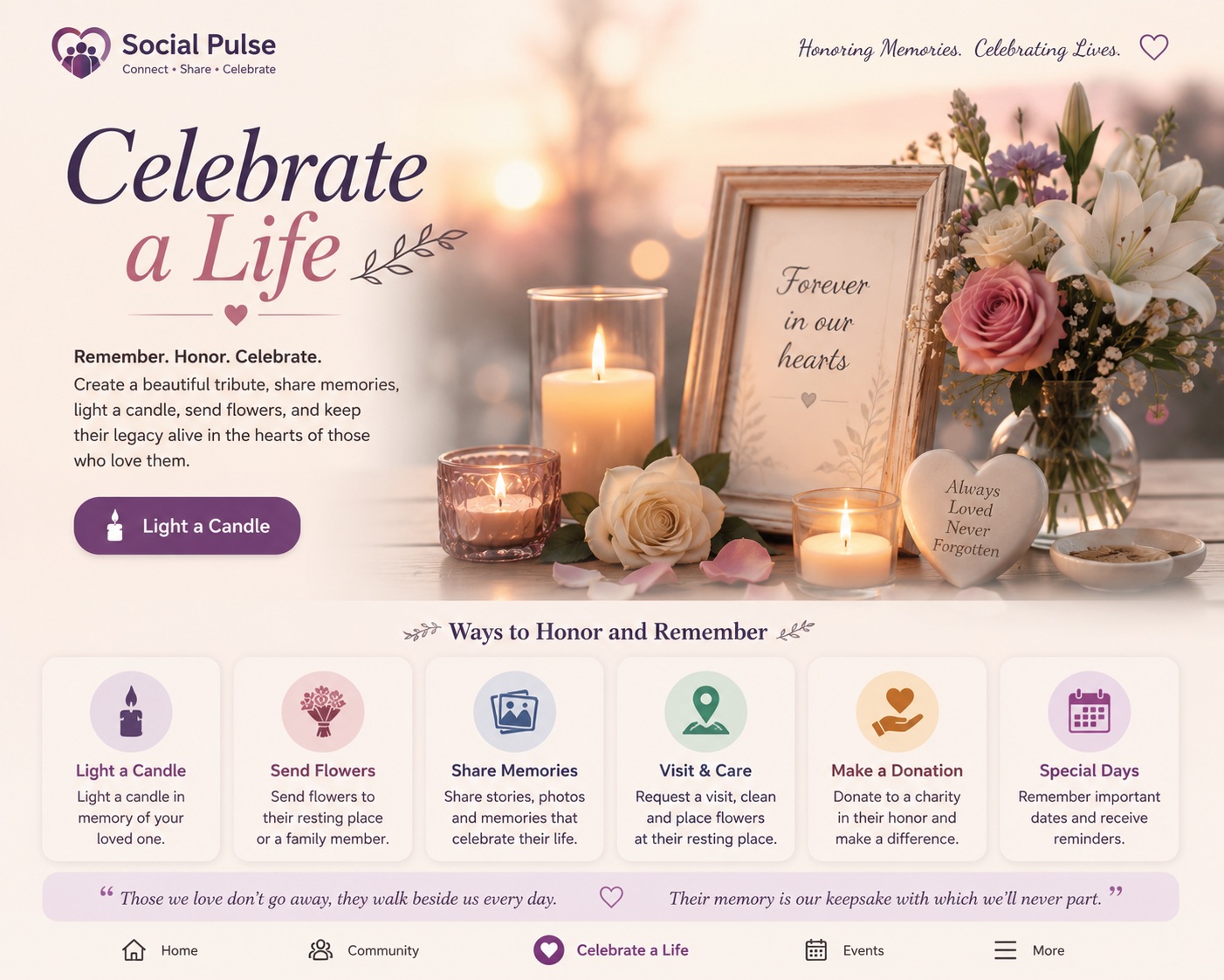 Celebrate a Life — memorial illustration with candles and flowers