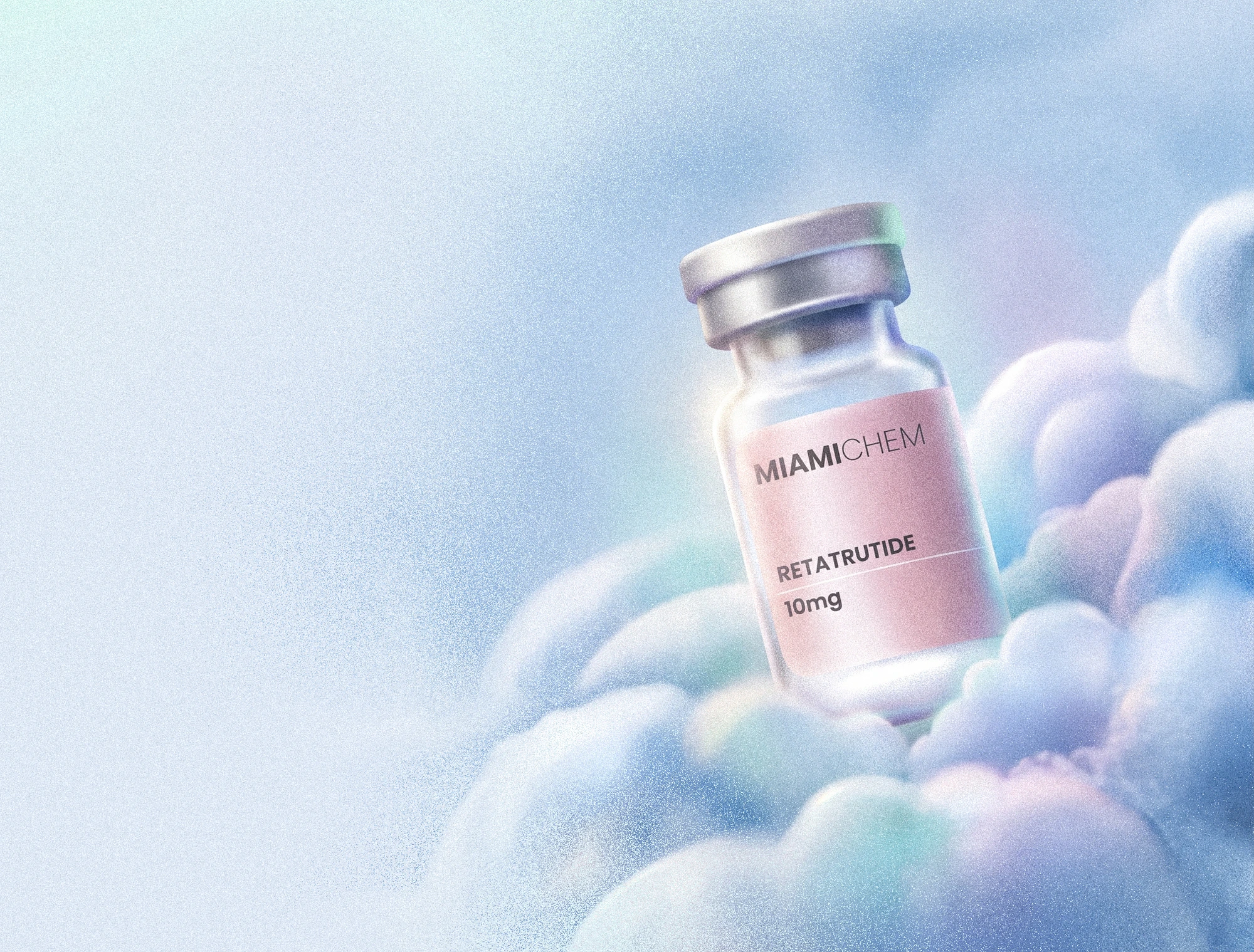 Miamichem RETATRUTIDE 10mg research vial floating in soft pastel clouds.