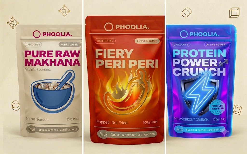 Phoolia packet lineup — Pure Raw Makhana, Fiery Peri Peri, Protein Power Crunch
