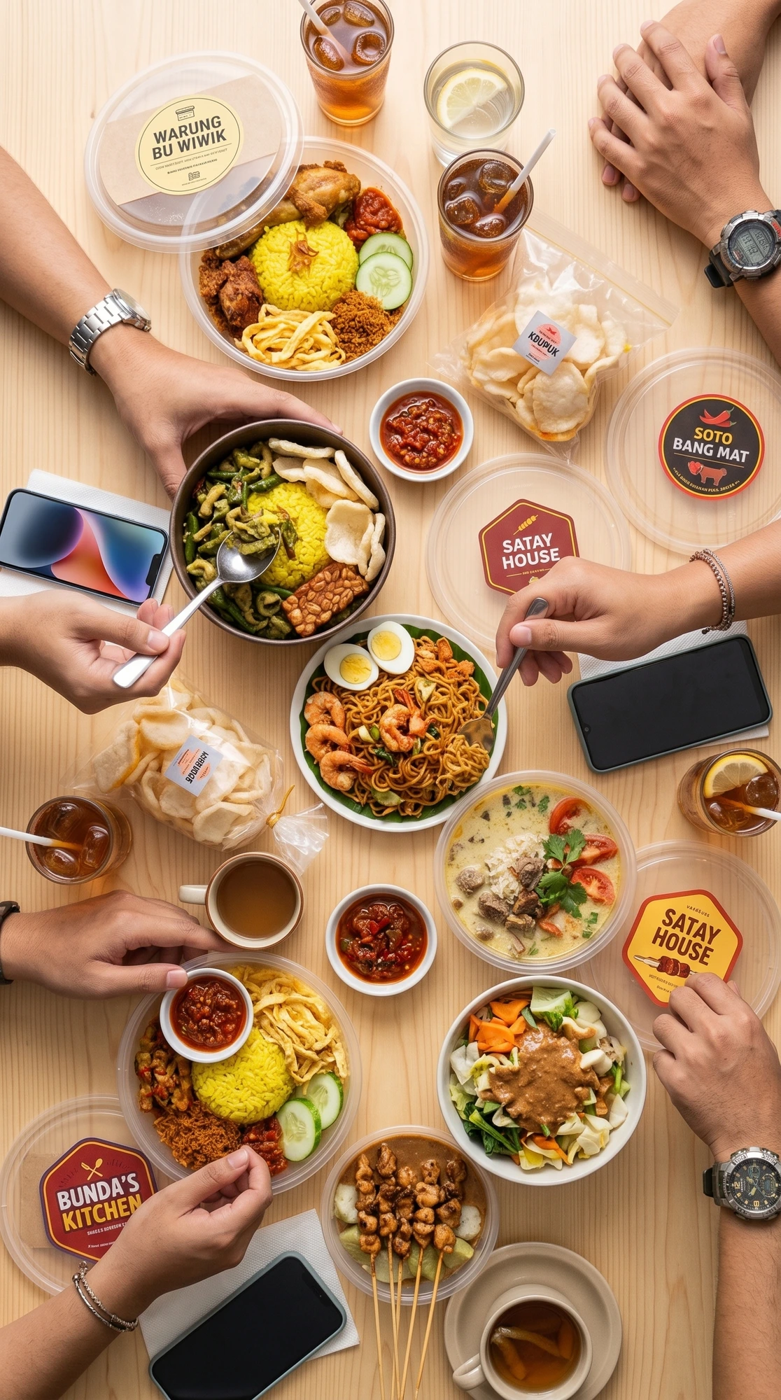 Meja kantor penuh sajian makan siang rumahan