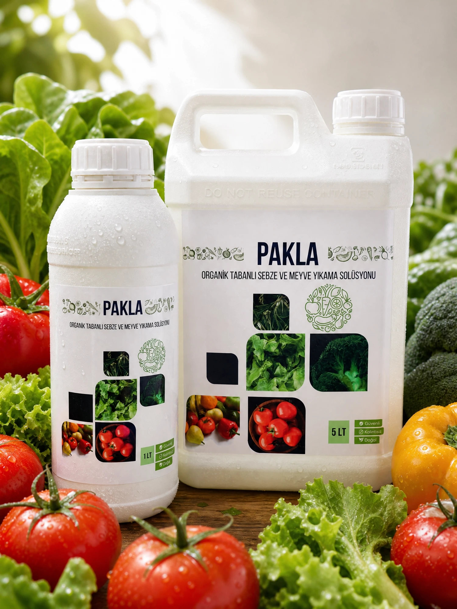 PAKLA 1LT and 5LT product line-up with fresh vegetables