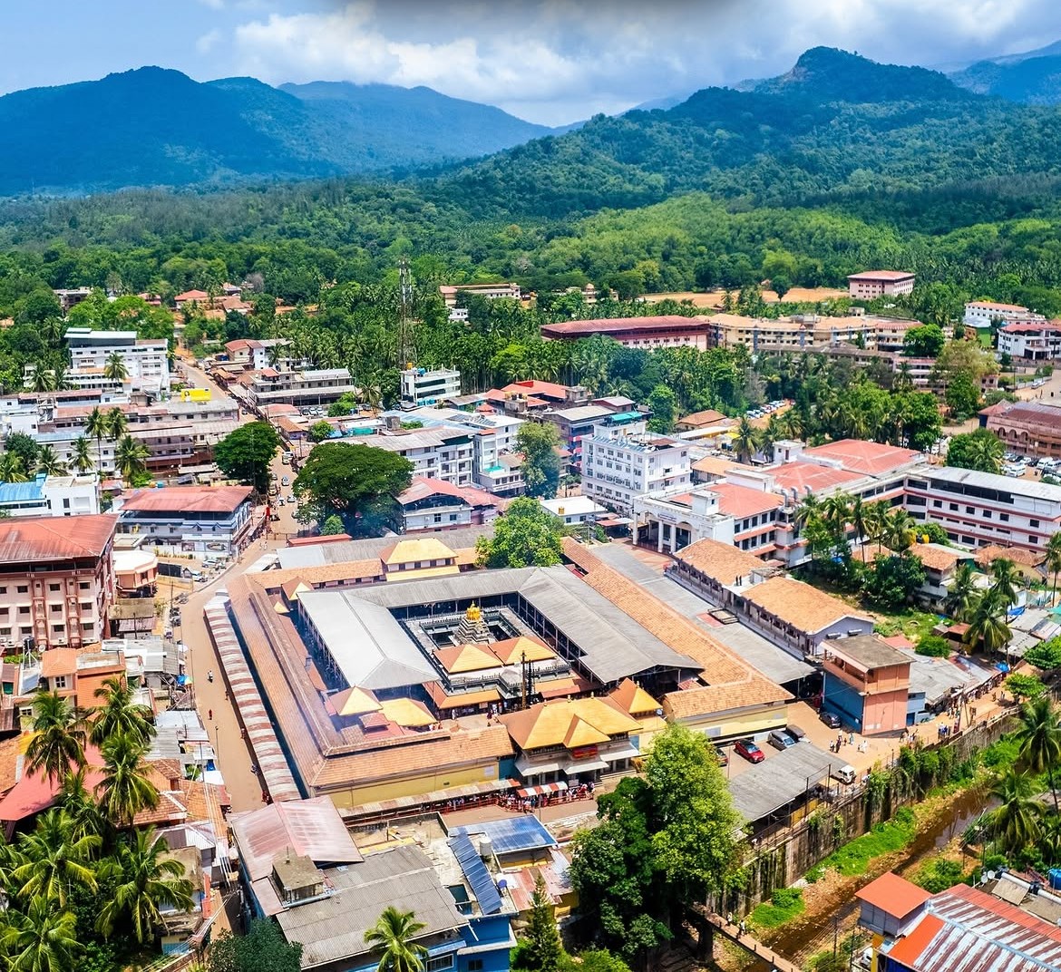 Aerial view of Kollur Sri Mookambika Temple with the Kodachadri hills behind