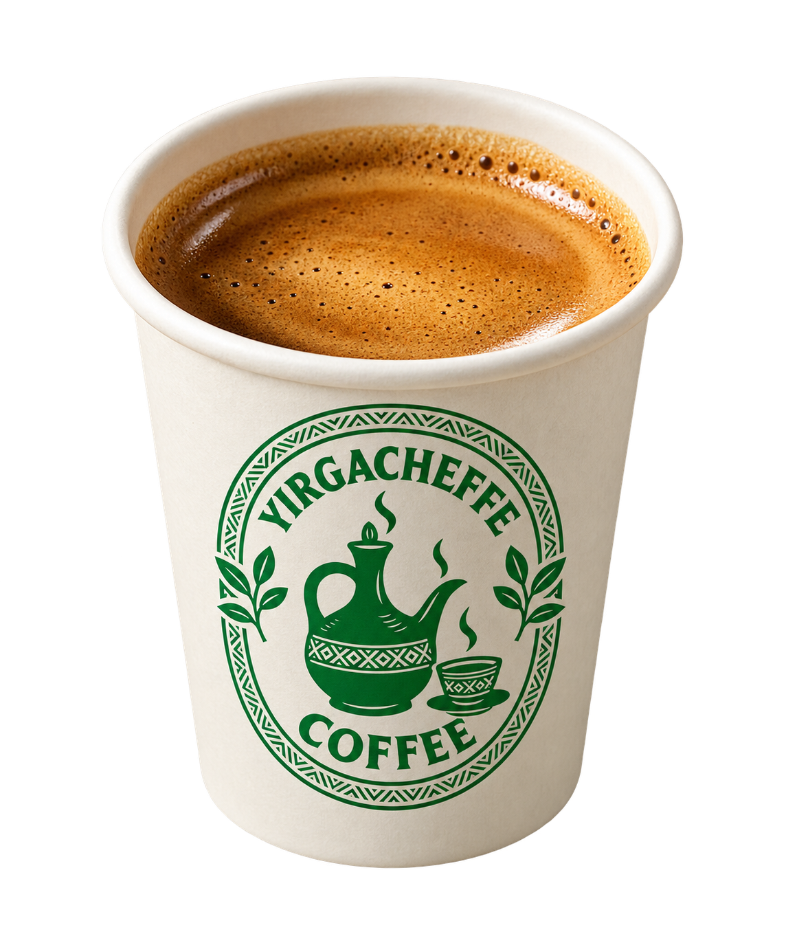 Yirgacheffe Coffee double espresso in a branded cup